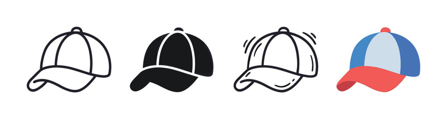 Fototapeta premium Four baseball cap icons are displayed in various styles, including outline, solid, and colored versions, against a clean white background
