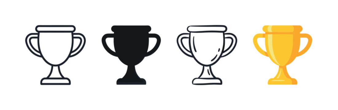 Four distinct trophy icons are displayed in a row, featuring outline, solid black, hand-drawn, and golden styles on a clean white background