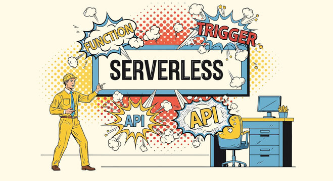 Serverless computing concept: man, API, function, trigger, desk, illustration
