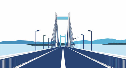 Fototapeta premium A futuristic suspension bridge arcs over a serene blue expanse, flanked by islands