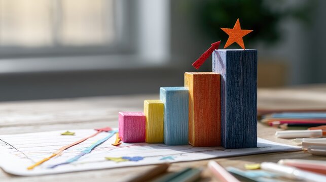 Colorful wooden blocks chart progress, with arrow pointing to star goal
