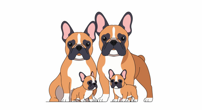 A family of four French Bulldogs, two adults and two puppies, sit together