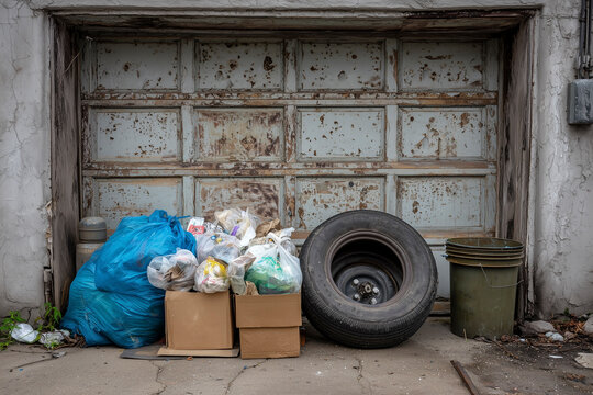 Urban Waste Scene with Old Tire and Garbage Bags Outside Garage