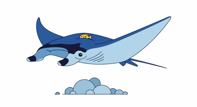 A large blue manta ray with a small yellow fish on its back swims above blue rocks