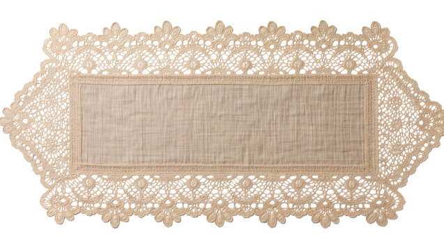 Ornate beige lace table runner with burlap center, isolated on transparent background