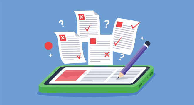 Digital documents with checkmarks and crosses floating above a smartphone screen representing online testing or survey evaluation process.
