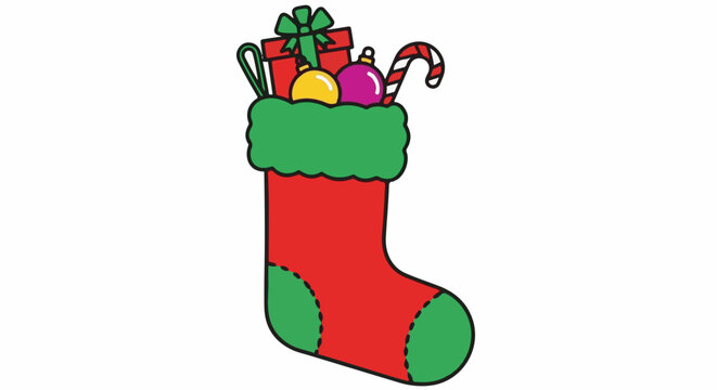 A festive red and green stocking overflowing with Christmas gifts and decorations