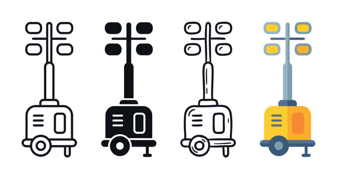 Four distinct mobile light tower icons are displayed in a row on a clean white background, showcasing various styles