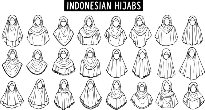Indonesian Hijabs Fashion Styles Black and White Line Art Vector Set. Collection of Muslim Women's Headscarves and Head Coverings for Culture  Design.