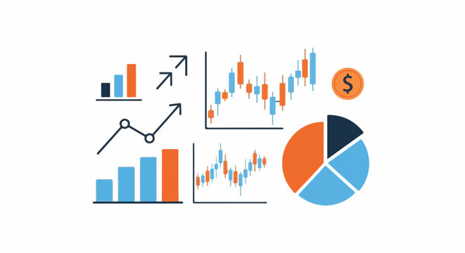 A flat design graphic illustrating financial data analysis with charts and graphs