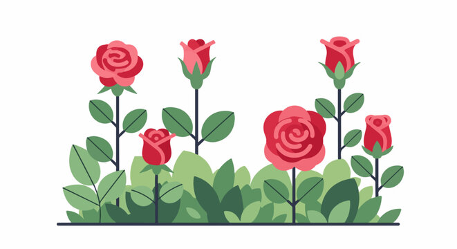 A flat design illustration of a garden bed with six stylized red roses