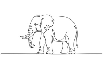 Fototapeta premium Single line drawing of an african elephant standing on a plain with line art continuous single stroke hand drawn graphic design white background bold thick thin elephant
