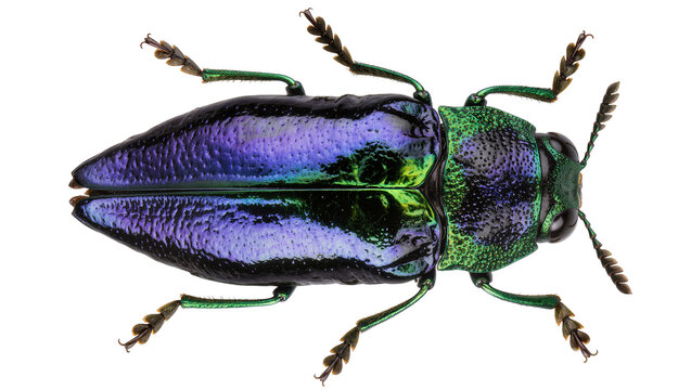 Iridescent metallic jewel beetle with vibrant purple and green colors, isolated on transparent background