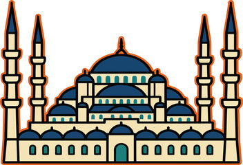 Illustration of a mosque with blue domes and minarets © MacKenzie
