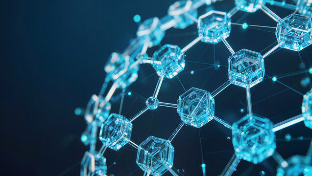 Premium abstract blue glass blockchain network with hexagonal nodes and glowing connections in dark space, distributed ledger Web3 concept, editorial B2B technology background with copy space