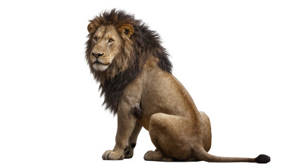 Majestic male lion with dark mane sitting regally, isolated on transparent background © Hans