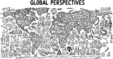Obraz premium Global Perspectives Black and White Line Art World Map with Diverse Icons and Symbols