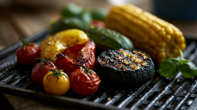 Colorful grilled vegetables on grill grate