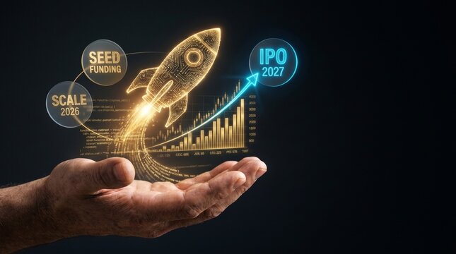 Business growth concept with a rocket launching from a hand towards an ipo in 2027, representing startup success and financial developmenthand pushing a button on a touch screen interface