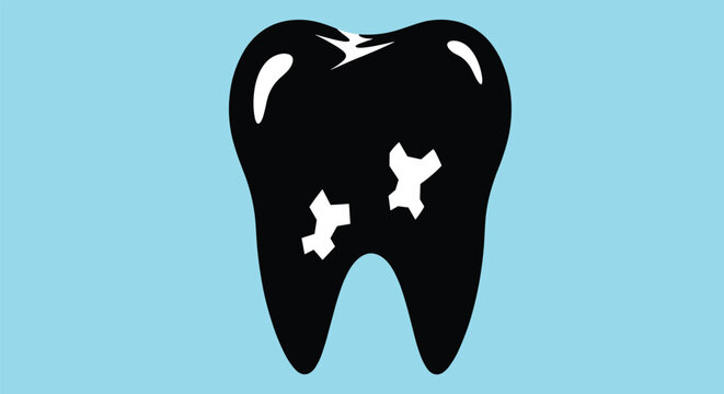 Simple illustration of a black silhouette tooth with white fillings representing dental repairs and restorative work on blue background.