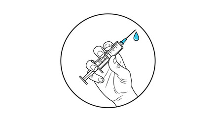 Obraz premium Black and white line art drawing of a hand holding a medical syringe with a single blue droplet of medicine at the needle tip.