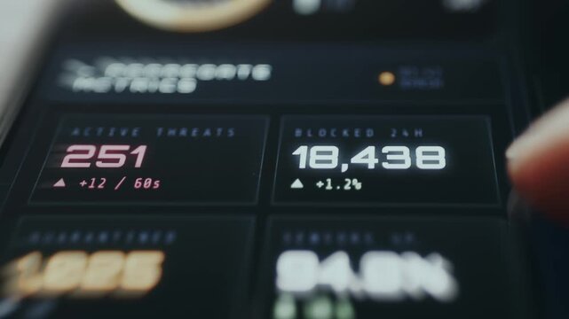 Cybersecurity threat visualization dashboard displaying active, blocked and quarantined numbers of threats