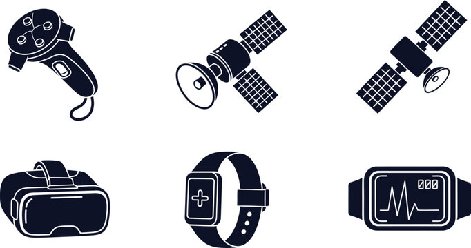 VR Headset Smartwatch Satellite and Game Controller Icons Keywords: VR headset, virtual reality, gaming, metaverse, smartwatch