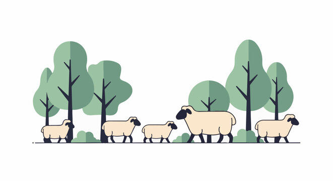 A herd of sheep walk in a stylized forest with flat green trees