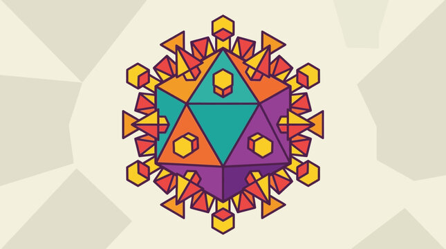 Vibrant geometric virus illustration featuring a compact polyhedral core with colorful radiating spikes, symbolizing microscopic pathogens, infection, and health awareness