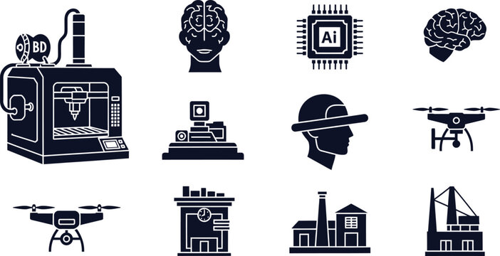 3D Printer AI Chip Drone and Factory Icons Brain CPU Keywords: 3D printer, additive manufacturing, technology, AI chip