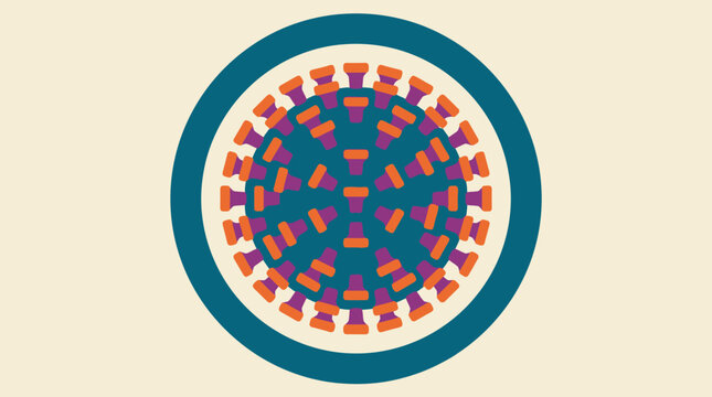 Abstract representation of a virus particle with a segmented outer ring and rounded seed-like structures within a circular frame