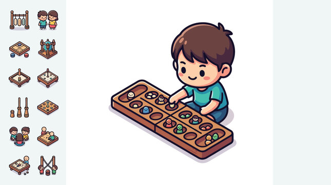 Chibi boy playing traditional wooden mancala board game with seeds, vector illustration of a child playing congkak, featuring icons of carrom, board games, and tabletop hobbies.