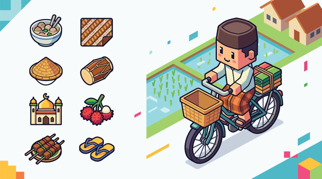 Isometric voxel art illustration of an Indonesian man in traditional sarong and peci riding a bicycle past rural rice fields, featuring icons for bakso, satay, batik, and a mosque.