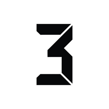 Bold black number three digit in a geometric stencil style with sharp angles and thick lines, isolated on a white background, for modern typography, and projects or signage