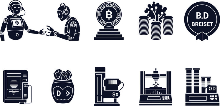 Futuristic Technology and Cryptocurrency Icons in Silhouette robot android