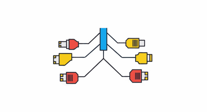 A diagram shows a central blue connection point with multiple cables leading out to various red and yellow connectors