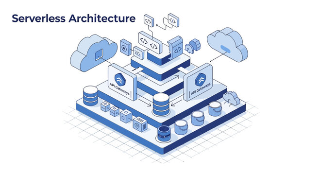 Serverless Architecture Diagram: Cloud, API Gateway, Functions, Data Storage