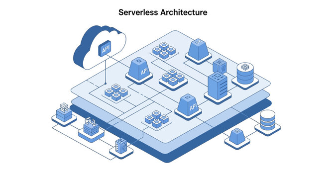 Serverless Architecture Diagram: Cloud, API, Microservices, Database, Scalability