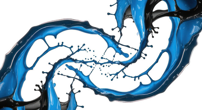 Blue and black fluids colliding mid-air in intricate, twisting shapes