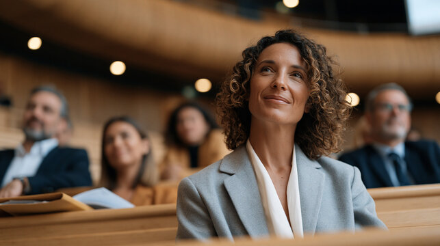 Multicultural governance committee seated in curved auditorium reviewing AI policy proposal slides projected overhead, public sector professionals from varied backgrounds engaged in deliberation, fo