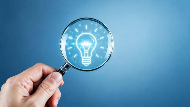 Magnifying Glass Focuses on an Illuminated Lightbulb Symbolizing a Bright Idea.