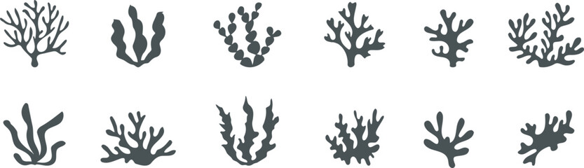 Minimal coral reef silhouette collection featuring ocean branch icons in natural underwater styles. Decorative marine graphics suit aquarium branding tropical themes and coastal nature projects. © Parul