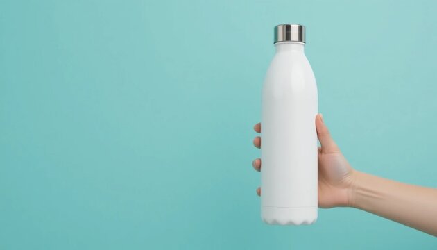 Hand holding white reusable water bottle against turquoise background symbolizing sustainability wellness eco friendly lifestyle and modern design concept