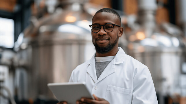 Mechanical engineering intern at a manufacturing plant holds a tablet running augmented reality chemistry molecule visualization to cross-reference a polymer compound with the industrial mixing vat 