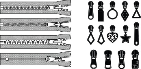 Comprehensive zipper designs and pull styles illustration showing metal, coil, plastic, invisible teeth and decorative slider variations © MstRezoara