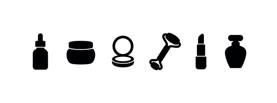 Collection of black silhouette beauty and cosmetic icons including a dropper bottle, cream jar, compact, face roller, lipstick, and perfume bottle on a clean white background