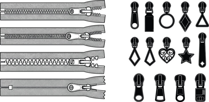 Comprehensive zipper designs and pull styles illustration showing metal, coil, plastic, invisible teeth and decorative slider variations