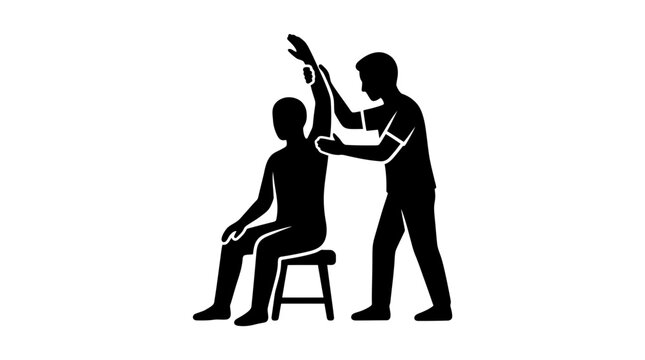 Physiotherapist examines the shoulder of a male patient sitting on a stool to assess range of motion and identify potential injuries.