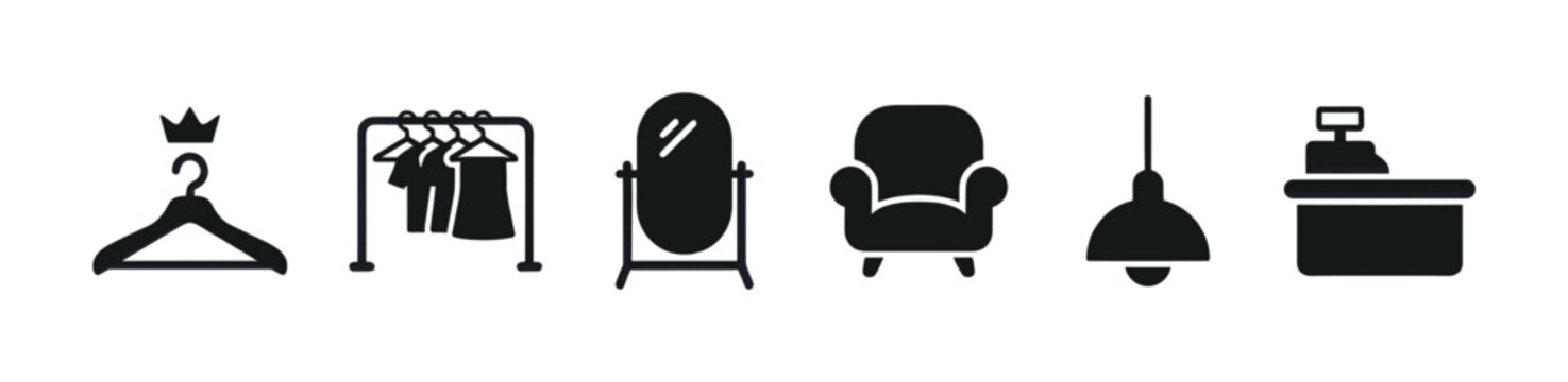 Collection of six black silhouette icons representing various retail and home furnishing items on a clean white background