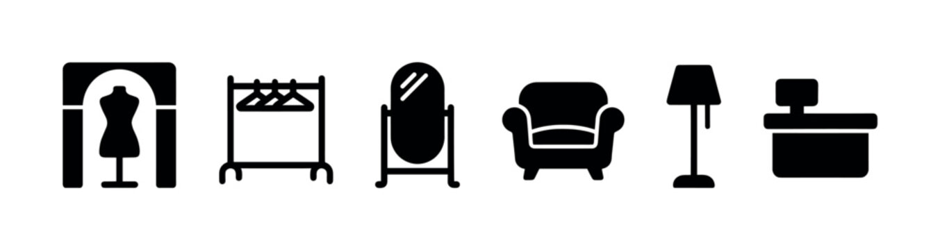 Collection of black silhouette icons representing various retail store and home furnishing items on a clean white background